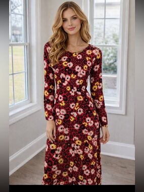 The Kooples Red Floral Long Sleeve Midi Dress with Yellow Accents